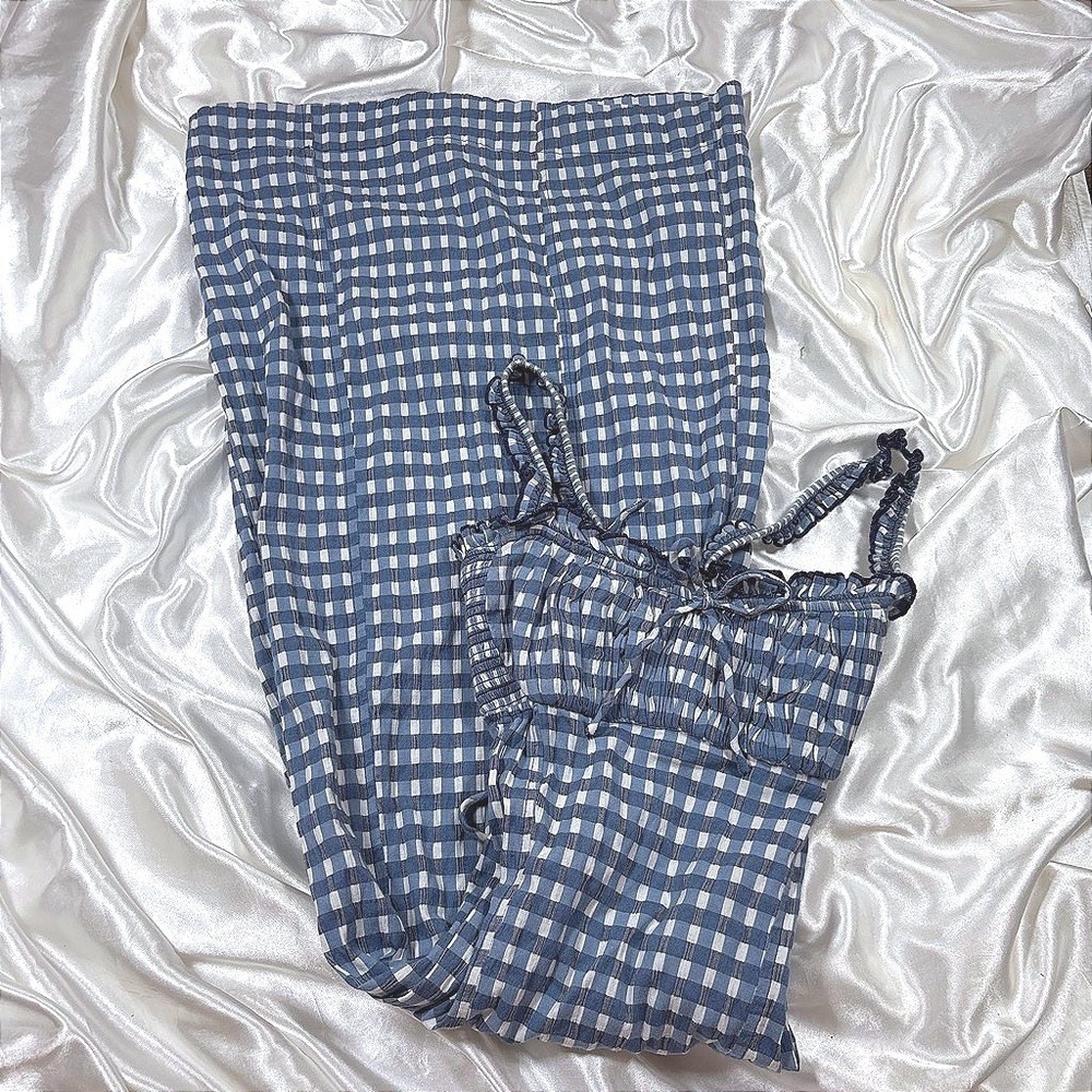 y2k Maxi Dress Blue Excellent Gingham Smocked Lace Up Cottagecore Free People